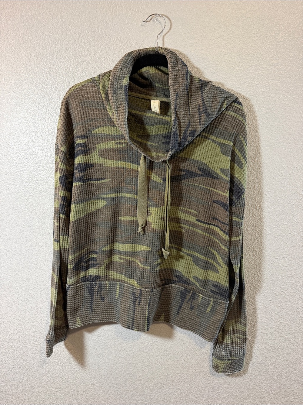 Altared  State Cowl Neck Camouflage Thermal Sweater - Olive Green